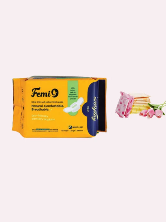 Femi9 Anion Sanitary Napkins | 280mm | Large 12 Pads | Cotton pads